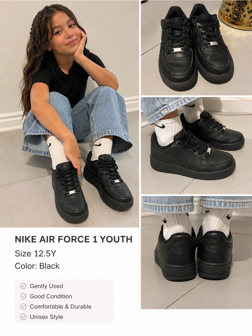 Nike Black Youth Air Force 1 Low-Top Sneakers